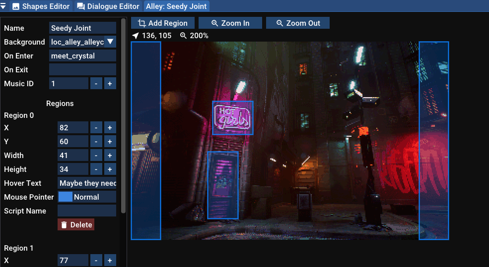 Entrance to the Alleycat scene and the regions as seen in the game editor