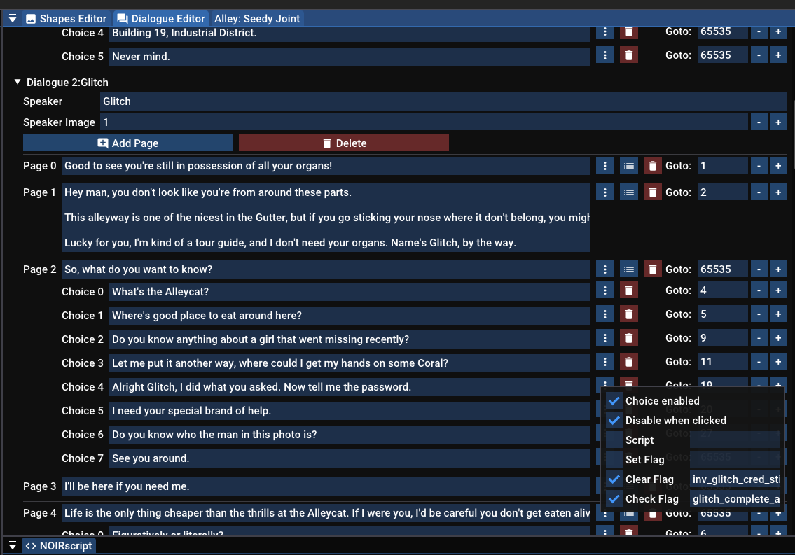 A page of dialogue with Glitch, showing the conditions for it to be rendered