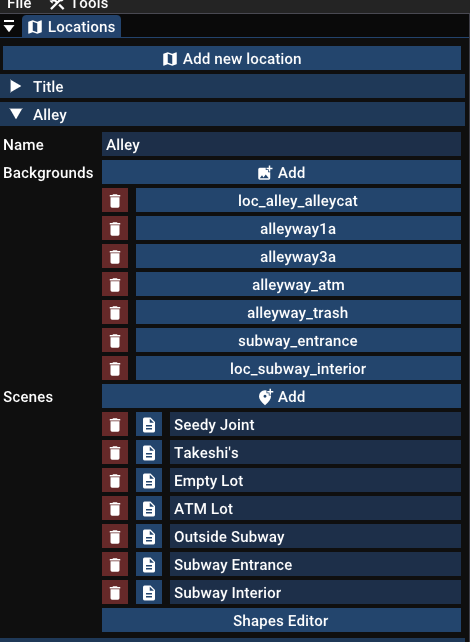 The location editor showing all the scenes in the Alley