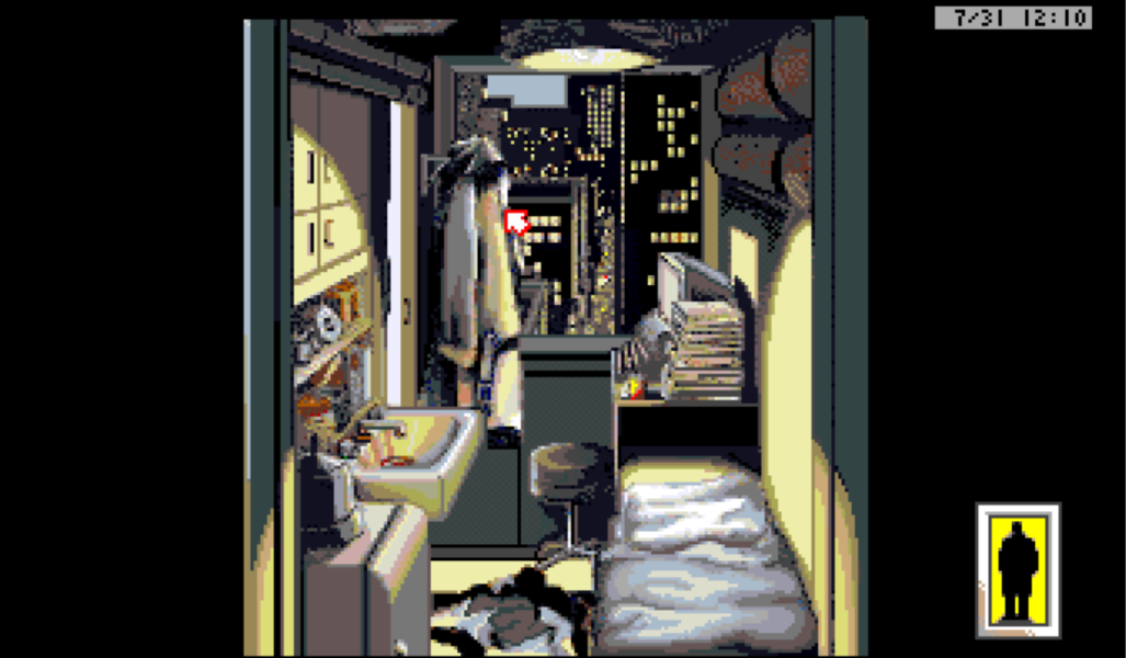 Rise of the Dragon. The mouse pointer changed to indicate you can pick up the coat.
